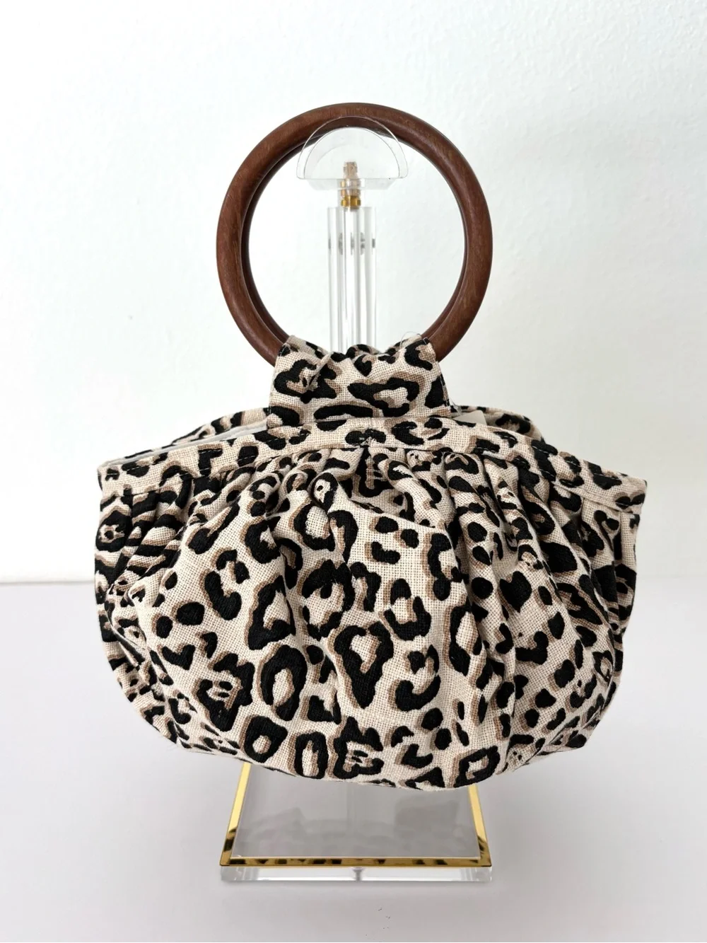 Anthropologie Pippa Bow-Tied Bag NWT Leopard Print Round Wooden Handles